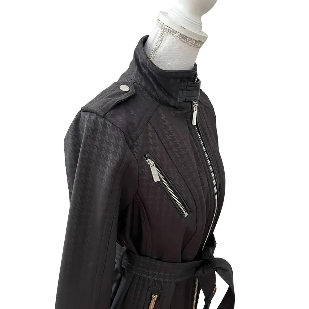 Michael Kors Weatherproof Belted Jacket Black Houndstooth Print S